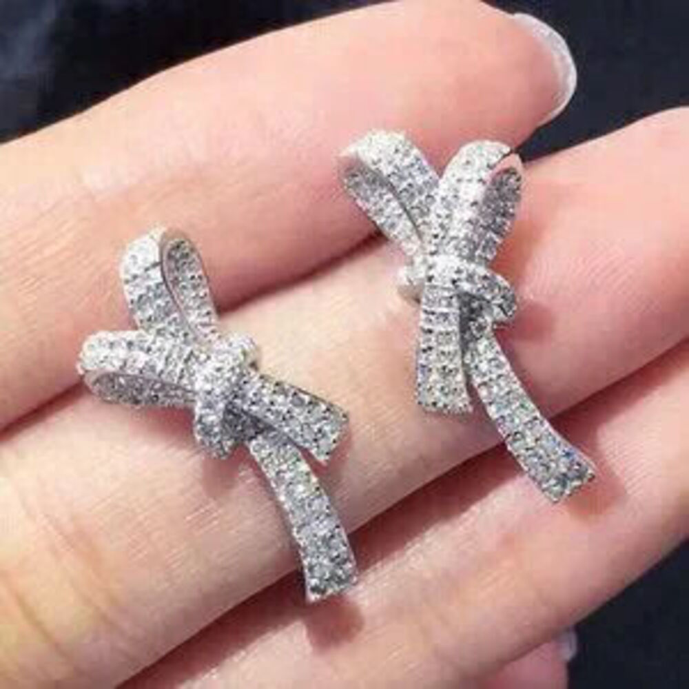 18k White Gold Diamond Bow Tie Earrings Knot Ribbon Stud Earrings